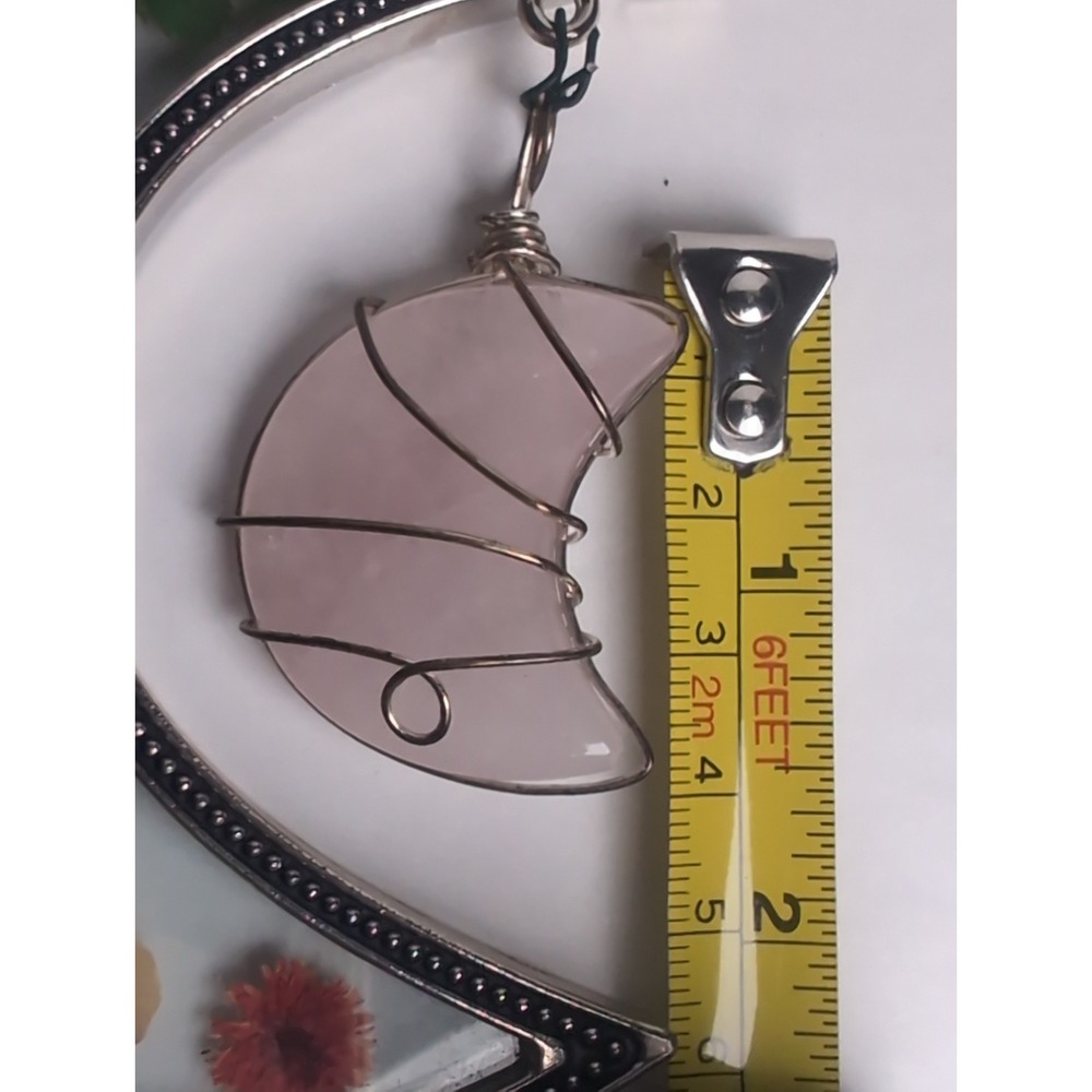 Vintage Dried Pressed Flowers Glass Metal half Moon Frame Hanging W/Rose Quartz - Picture 12 of 13